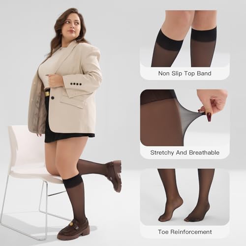 Yilanmy Plus Size Knee High Socks for Women Nylon Sheer Trouser Socks 6Pairs4