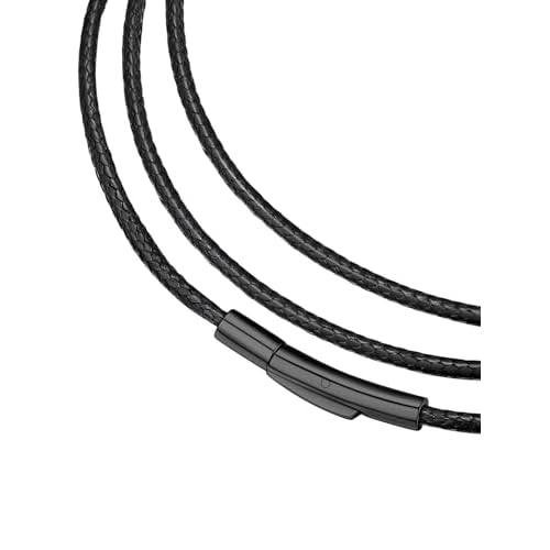 FaithHeart Braided Leather 2MM/3MM Necklace Cord for Men with Stainless Steel Snap Clasp, Waterproof Woven Wax Rope Chain for Pendant with Delicate Gift Box Length 16 Inches 02. Black 2MM Wi