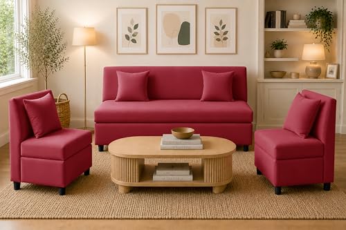 Image of 3+1+1 Modern Velvet Fabric Sofa Set for Living Room | Three Seater Sofa with 2 Single Seater Chairs | for Home, Office| Red