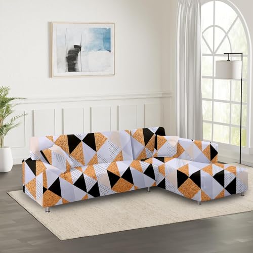 Image of Amazon Brand - Solimo L-Shaped Sofa Printed Slipcover | 2 Pieces Elastic Sofa Cover | High Density Stretch Fabric | Universal Fit (Cream)