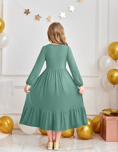 Image of Arshiner Girls Maxi Dresses Lantern Long Sleeve Casual Holiday Dress with Pockets for 5-14 Y