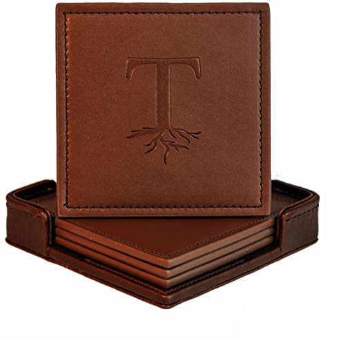 Genuine Leather Coaster Set with Holder, Square Coasters for Drinks with Stitching, Protect Furniture from Damage (4pcs)