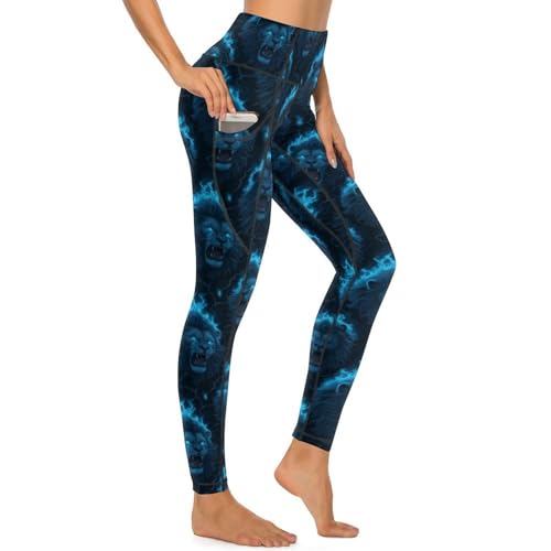 Legging imprimé flamme bleu lion femme pantalon de yoga taille haute poches latérales