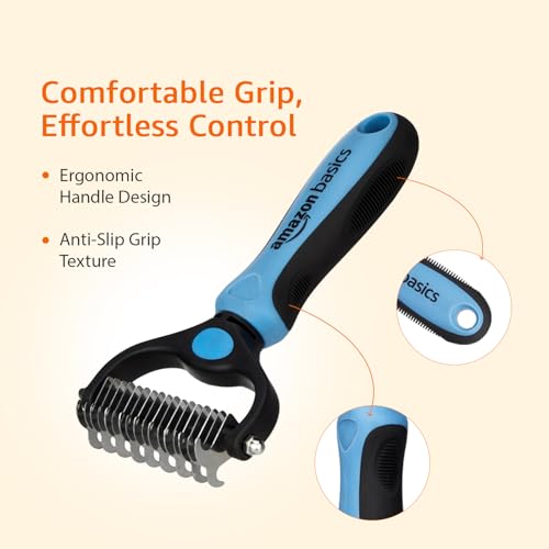 Image of Amazon Basics, Deshedding Tool with Rake for Pet Dog Grooming | Dematting Tool | Removes Loose Hair, Mats, Tangles, and Dirt | Suitable for All Dog Breeds | Large Blade