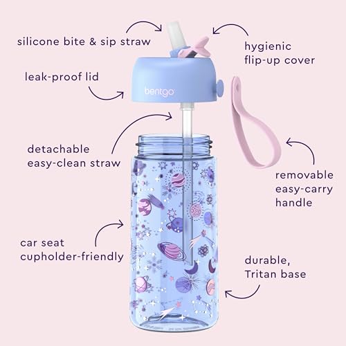Bentgo Kids Water Bottle 2-Pack - Leak-Proof Durable Tritan BPA-Free 15 oz Cup for Kids/Toddlers Ages 3+; Bite & Sip Spout + Dishwasher Safe for School/Sports/Daycare/Camp (Unicorn/Lavender Galaxy)