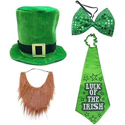 JIAJIAYI St. Patrick Costume Set,St. Patrick's Day Costume Accessory with Shamrock Necklace,Green Hat,Green Large Bow Tie and Lucky Neck Tie for Irish Day Party Favors Supply Decor (Green-A) Cover