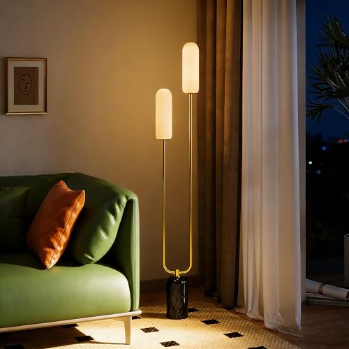 HOMCOM Lampada da Terra a U con 2 Luci e Interruttore a Pedale, Lampada a Piantana in Vetro e Acciaio con Base in Marmo, 26x12x150 cm, Bianco Nero e Oro