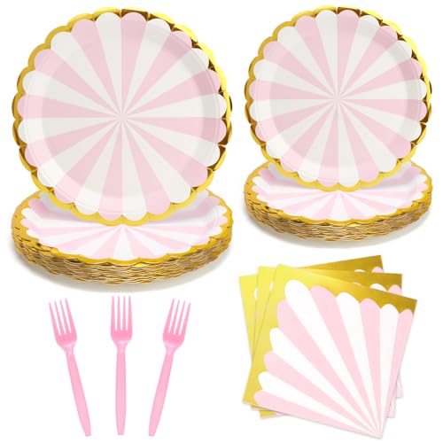 UVTQSSP 96PCS Party Plates, Pink Paper Plates and Napkins, Disposable Tableware Set, Party Supplies for Kids Birthday Baby Shower Bridal Shower Picnic, Serve for 24 Guests, Pink and White
