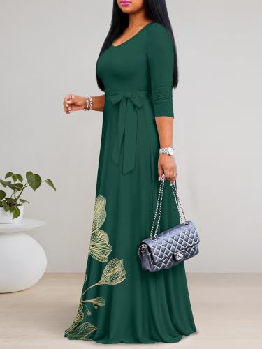 Image of PinkPatty Women's Plus Size Maxi Dresses Casual Flowy 3 /4 Sleeves Dress Printed Vacation Dress for Daily Wear with Belt