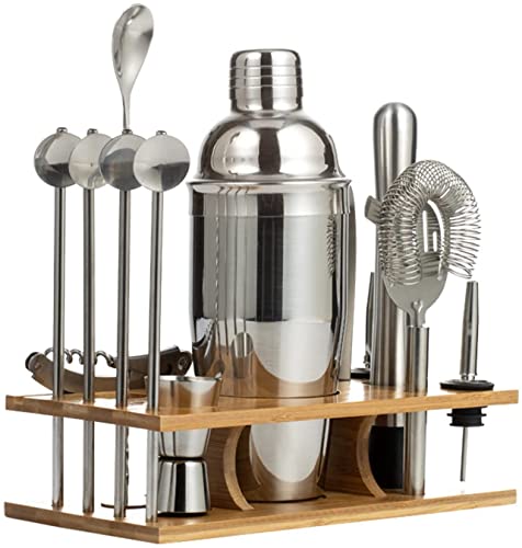 Set de Coctelera de Acero Inoxidable con Soporte de Madera 14 Piezas