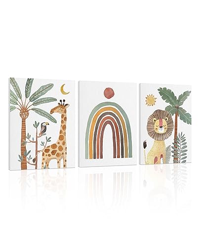 Image of Boho Animal Nursery Wall Art: Safari Animal Prints for Kids' Room, Baby Nursery Decor for Boy Girl, 3 Pieces Giraffe Lion Parrot Rainbow Picture Bedroom Decoration 12" x 16"