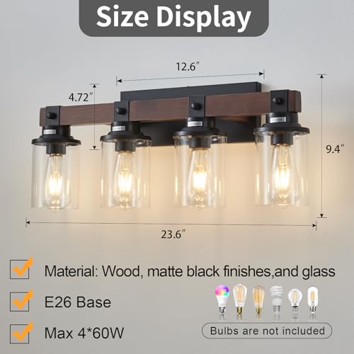 Image of 4 Lights Wood Farmhouse Vanity Lights Fxtures Rustic Bathroom Lights Over Mirror with Clear Glass Shade Black Industrial Wall Sconce for Bathroom Bedroom Hallway Kitchen