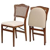 MECO Stakmore French Cane Wooden Folding Chairs with Padded Seats, Set of 2 - No Assembly Foldable Dining Chairs, Steel Folding Mechanism, Upholstered Cushion, Space-Saving, Fruitwood Frame