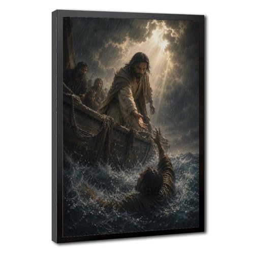 Jesus Storm Rescue canvas wall art in black frame for inspiring faith decor