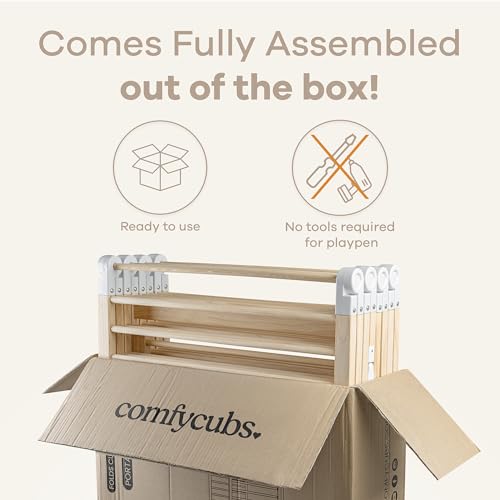 Baby Playpen & Gate for Toddlers, Foldable Wooden Playard with Locking Gate by Comfy Cubs