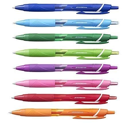 Bolígrafos retráctiles de punta fina, de la marca Uni-ball Jetstream, con agarre de goma y punta de 0,7 mm; pack de 8 colores (azul, azul claro, verde, verde lima, naranja, rosa, rojo y morado)