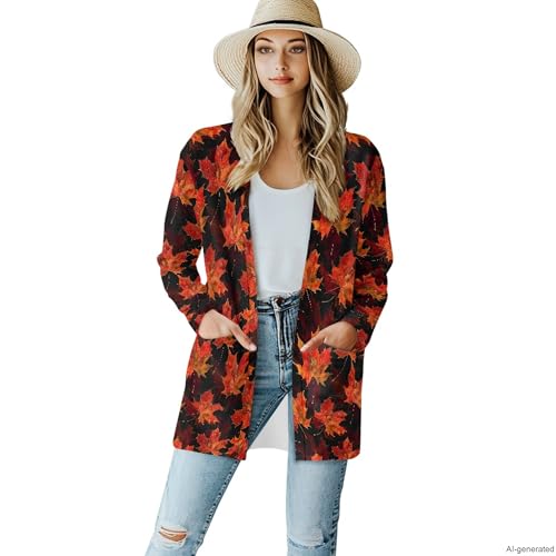 Image of Fall Maple Leaf Cardigan Sweaters for Women Long Sleeve Cardigan Soft Drape Open Front Dusters V-Neck Jackets Dressy