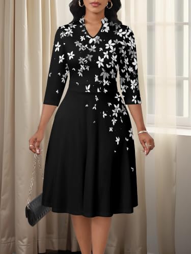 Image of PinkPatty Women's Casual A-line Midi Dresses 3 /4 Sleeve V Neck Fit and Flare Dress with Pockets