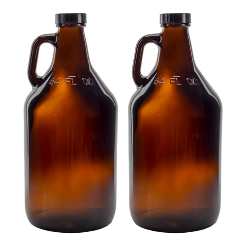 Cornucopia Brands 64oz Amber Glass Growler Jugs/Half Gallon (2-Pack) w/Black Phenolic Lids, Great for Kombucha, Home Brew, Distilled Water, Cider & More