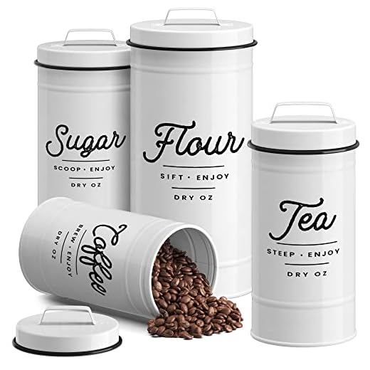 Barnyard Designs White Canister Sets for Kitchen Counter, Vintage Kitchen Canisters, Country Rustic Farmhouse Decor for the Kitchen, Coffee Tea Sugar Flour Farmhouse Kitchen Decor, Metal, Set of 4