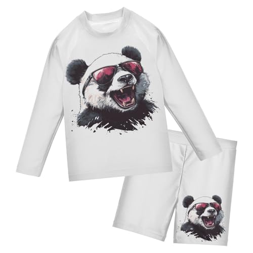 Cute Panda Sunglass White Toddler Swimsuit Boy 3T Long Sleeve Bathing Suits Sunsuit with Swim Trunks, 2 Piece