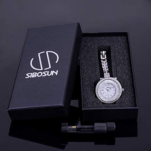 SIBOSUN Lady Women Quartz Gold Band Stainless Steel Band White Crystal Dial Dress Fashion Bracelet
