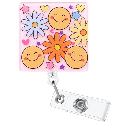 Pink Smiley Face Flower Funny Nurse Badge Reel, Cute Retract