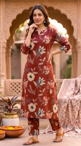 Image of CREATION & YOU Women's Pure Cotton Floral Printed Kurta with Palazzo Pants | Ethnic Set | Kurti Set for Women | Cotton Cord Set for Women