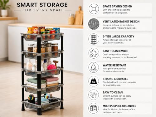 Image of KITCHIVO Multipurpose Storage Organizer Slim Rack Shelf with Wheels for Living Room, Office, Bedroom, Bathroom, Kids Room, Kitchen Trolley (Grey, 5 Layer)