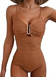 Herseas Women Popular Swimsuits 2 Piece U-Wired Push up Ribbed Ruched High Rise Bikini Sets Longline Modest Solid Swim Suit Wire Free Bathing Suit Cruise Essentials Caramel Large
