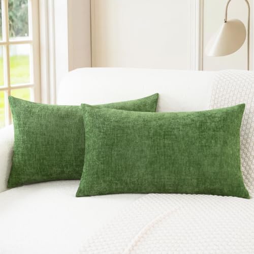Image of CaliTime Pack of 2 Cozy Bolster Pillow Covers Cases for Couch Sofa Home Decoration Solid Dyed Soft Chenille 12 X 20 Inches Forest Green
