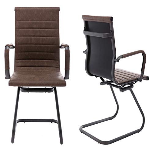 Image of Office Reception Chairs No Wheels Leather Conference Chairs Back Support Guest Chair, Set of 2 (Vintage Brown)
