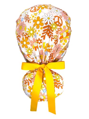 Image of Scrub Cap for Women and Men, Ponytail Scrub Caps, Working Hat, Head Cover with Ribbon Ties and Buttons, Long Hair
