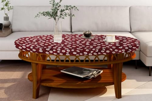 Image of The Furnishing Tree Elastic Oval Center Table Cover WxL 16x48 in Inches Polyester Floral Pattern Red White