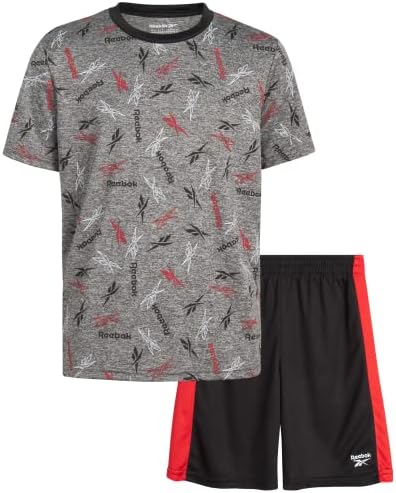 Reebok Boys' Active Shorts Set - 2 Piece Performance T-Shirt and Basketball Gym Shorts (8-12), Size 12, Black/Grey Multi