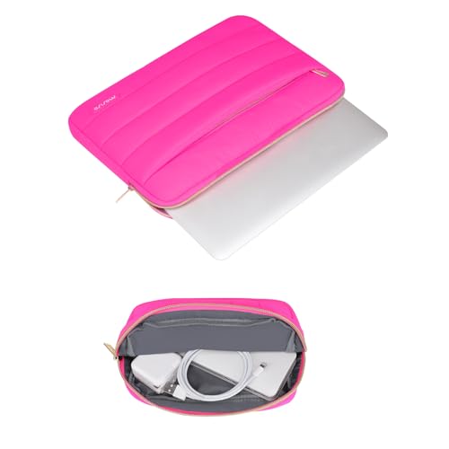 Image of MOSISO 13-14 inch Laptop Case, 13.3 inch Puffy Laptop Sleeve Compatible with MacBook Air 13 13.6 M3 M2 M1 /Pro 13 /Pro 14, HP, Dell, ASUS, Lenovo, Polyester Horizontal Bag with Small Case, Rose Red
