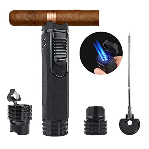 All-in-one Torch Cigar Lighter with Triple Flame, Cigar Punch, Cigar Poker, Cigar Holder, Gas Window, Luxurious Gifts for Men, Refillable Windproof Butane Lighters for Smoking, Candles, BBQ.