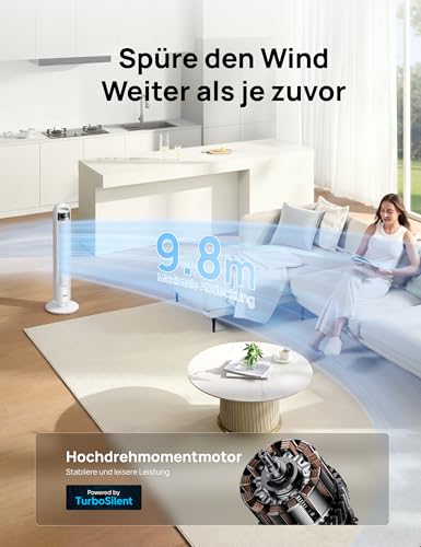 DREO Leiser Turmventilator, Ventilator mit Kühlung, Fernbedienung für Schlafzimmer, Tower Fan mit 4 Geschwindigkeiten, 3 Modi, 9,8 m Windreichweite, 8H Timer, 90° Oszillierend für Wohnzimmer 3