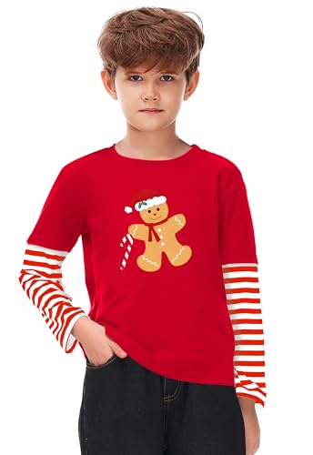 Image of Remimi Unisex Kids Christmas Long Sleeve Shirt Xmas Print Stripe Shirts 2-12 Years