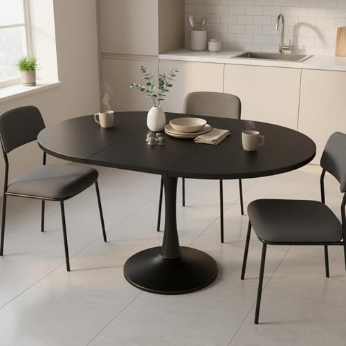 Lumivortex Mesa de comedor redonda extensible, mesa de cocina 100/140 x 100 x 75 cm, mesa de comedor redonda negra para 2-6 personas, mesa de comedor extensible para habitaciones multifuncionales