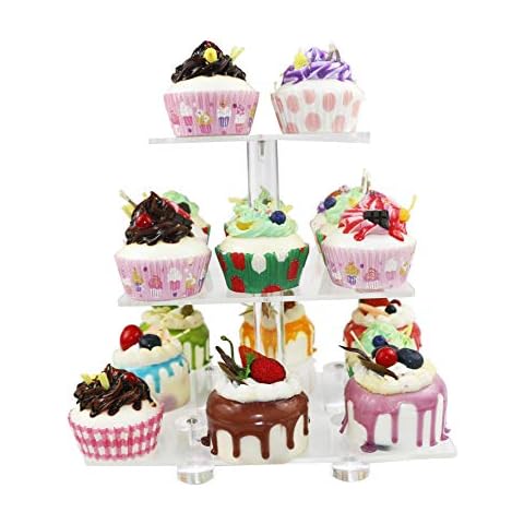 HMROVOOM Square Acrylic Cupcake Stand Display Rack Holder (3 Tier Square with base (4" between 2 layers)) Cover