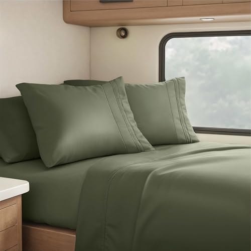 Image of Nestl Olive Green Short Queen Sheets for RV, Hotel Luxury RV Queen Sheets Set, 4 Piece Fitted Bed Sheet Set and Pillowcases, Super Soft, Wrinkle-Free, and Breathable Camper Bedding