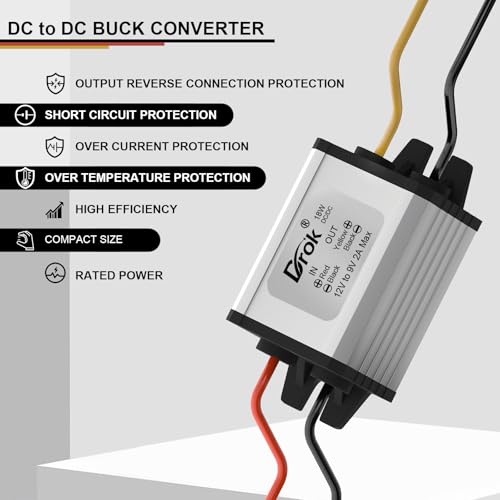 Image of DROK 12v to 9v Buck Converter, DC 8-35V to 9V 2A 18W Voltage Regulator Board Power Supply Module, 9V 12V 24V Waterproof Car Volt Step Down Buck Converter