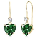 Gem Stone King 14K Yellow Gold Green Nano Emerald and Lab Grown Diamond Dangle Earrings for Women | 2.93 Cttw | Gemstone May Birthstone | Heart Shape 8MM
