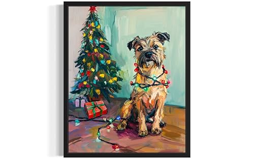 Image of Border Terrier Christmas Wall Black Framed Art Print Poster, Dog Pet Lover Picture Painting Artwork Bedroom Living Room Office Dining Room 150D (Border Terrier Christmas, 14 inch L x 11 inch W, Black Frame)