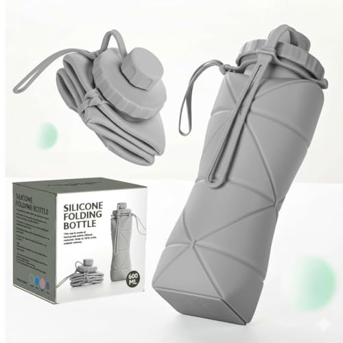 Image of SILENCIO Silicone Water Bottle 600 ml | Foldable Leak Proof Travel Bottle | BPA Free Reusable Drinking Bottle for Gym, Trekking, Camping & Outdoor Use (GREY)