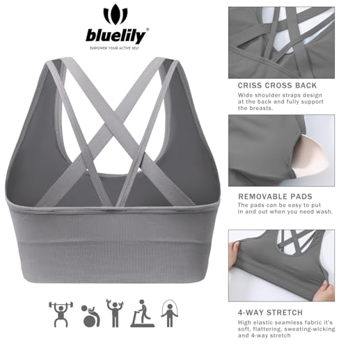 BLUELILY Sports Bra for Women Medium Support Criss Cross Strappy Bras Seamless Padded High Impact Yoga Athletic Exercise Bras3