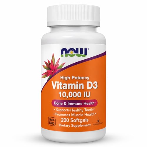 NOW Foods Supplements Vitamin D-3 10 000 IU Highest Potency Structural Support* 200 Softgels