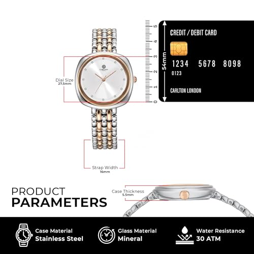 Image of Carlton London Women Celeste Analog Watch, Square Dial, Stainless Steel Strap, Quartz Movement, 30M Water Resistant, Casual Wear
