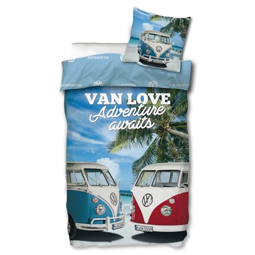 SkyBrands Volkswagen Bettwäsche VW Bulli T1 Van Love Blau Renforcé Strand...